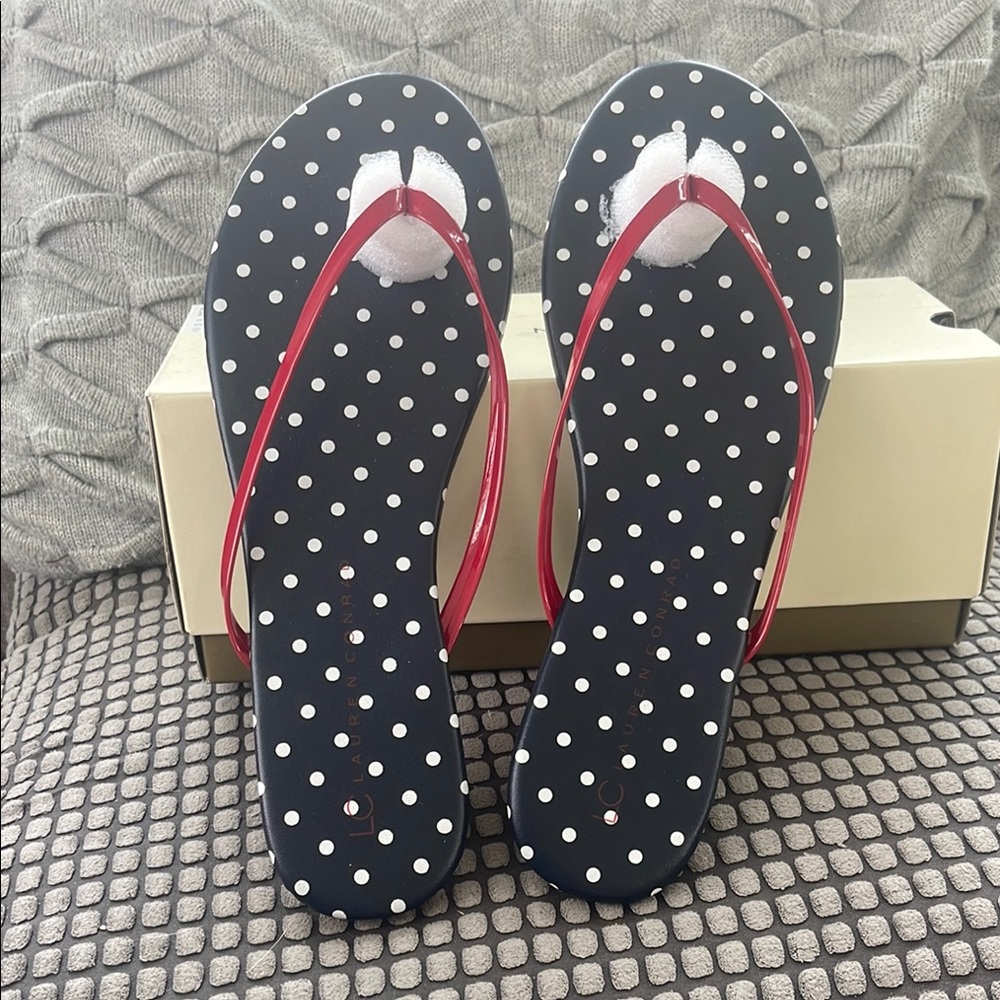 LC Lauren Conrad Navy White Polka Dot Flip Flops with Red Straps
